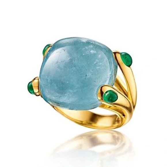 Jewelry - Art Deco Cushion Cut Cabochon Topaz Sapphire Golden Split Shank Ring (Size 7)